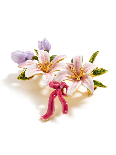 Pink White Lily Flower With Purple Bud And Bow Enamel Brooch