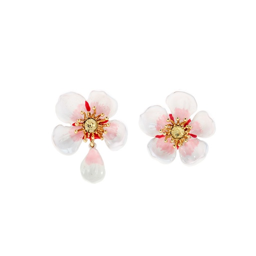 White And Pink Cherry Blossom Flower Petals Asymmetrical Enamel Earrings