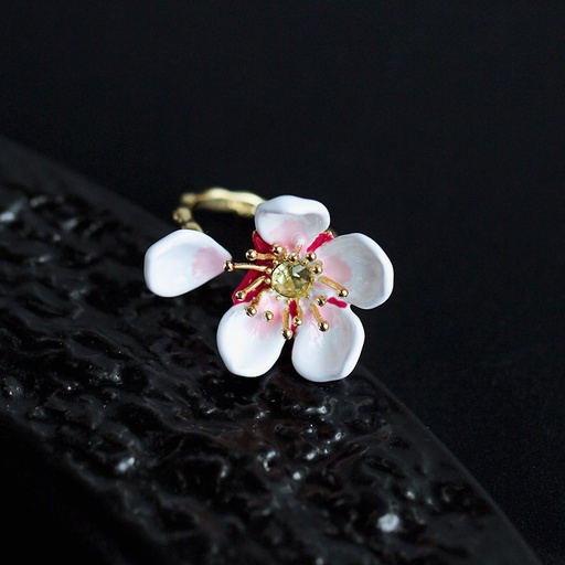 White Cherry Blossom Flower Petals Enamel Adjustable Ring