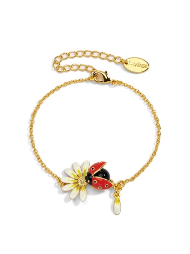 Daisy White Flower And Ladybug Enamel Thin Bracelet