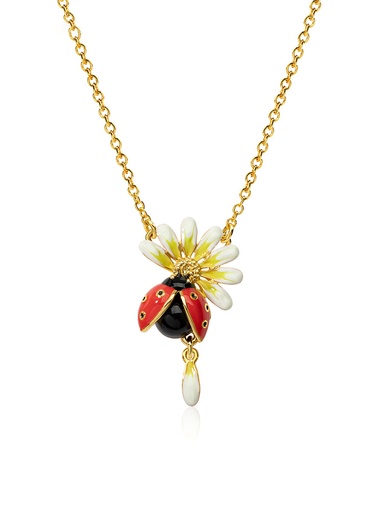 Daisy White Flower And Ladybug Enamel Pendant Necklace