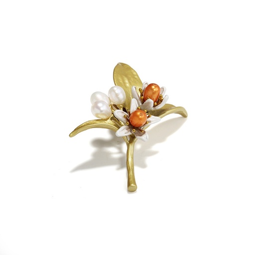 Orange Flower Pearl Enamel Brooch