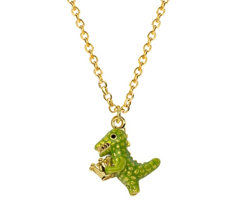 Dinosaur Green Cute Animal With Crown And Pearl Enamel Pendant Necklace