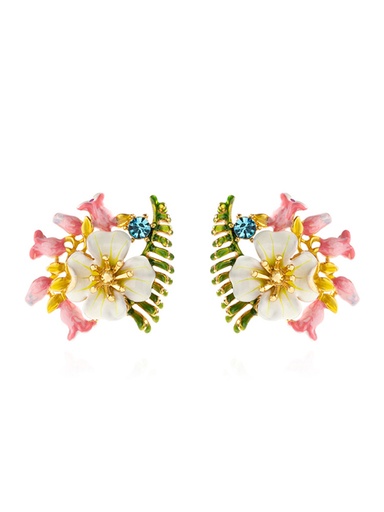 White Flower Pink Bud And Crystal Enamel Stud Earrings