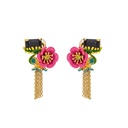 Pink Flower And Black Stone Tassel Enamel Earrings