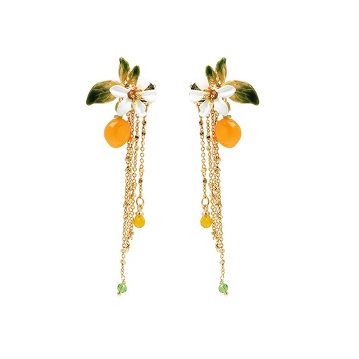Orange and Orange Blossom Flower Tangerine Chain Tassel Enamel Stud Earrings