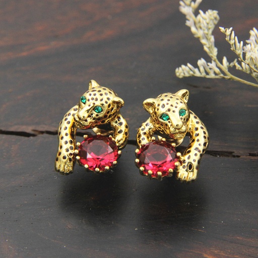 Leopard Panther Head And Red Crystal Enamel Stud Earrings