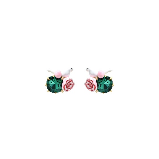 White Pigeon Pink Flower And Green Crystal Enamel Earrings