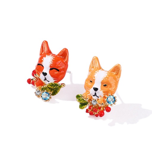 Cute Puppy Dog Animal And Crystal Asymmetrical Enamel Earrings Jewelry Gift