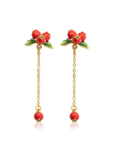 Red Fruit Hawthorn And White Flower Enamel Stud Earrings Jewelry Gift