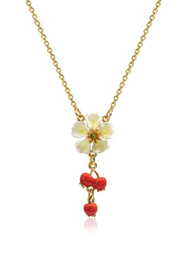 Red Fruit Hawthorn And White Flower Enamel Pendant Necklace Jewelry Gift