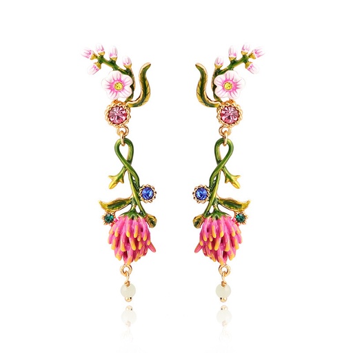 Cherry Flower Bud Branch Pink Flower And Zircon Enamel Stud Dangle Earrings Jewelry Gift