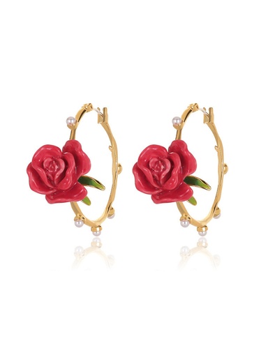 Red Rose Flower And Pearl Enamel Hoop Stud Earrings Jewelry Gift