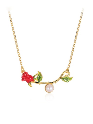 Red Rose Flower Branch With Pearl Enamel Collar Necklace Jewelry Gift