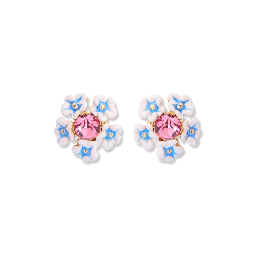 Blue White Flower And Pink Crystal Enamel Stud Earrings