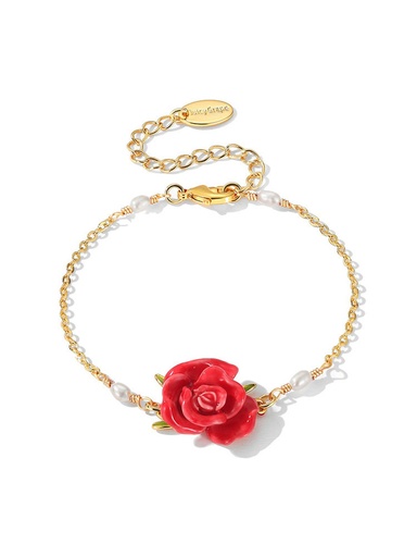 Red Rose Flower And Pearl Enamel Think Bracelet Jewelry Gift