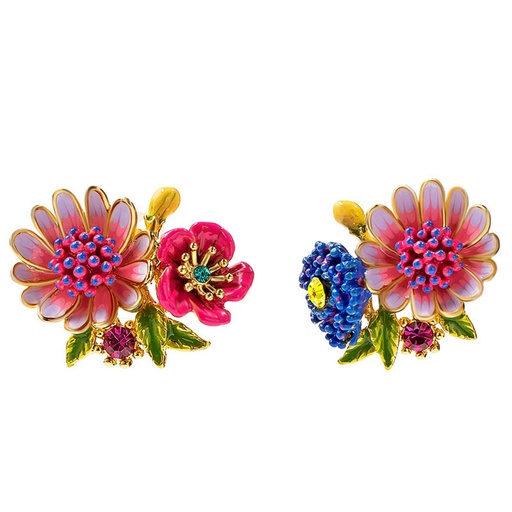 Red Blue Flower Asymmetrical Enamel Stud Earrings Jewelry Gift