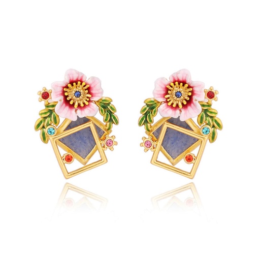 Pink Blue Red Pansy Flower And Pearl Enamel Dangle Earrings