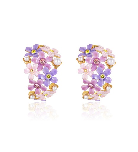 Pink Purple Flower Pearl And Crystal Enamel Stud Earrings Jewelry Gift