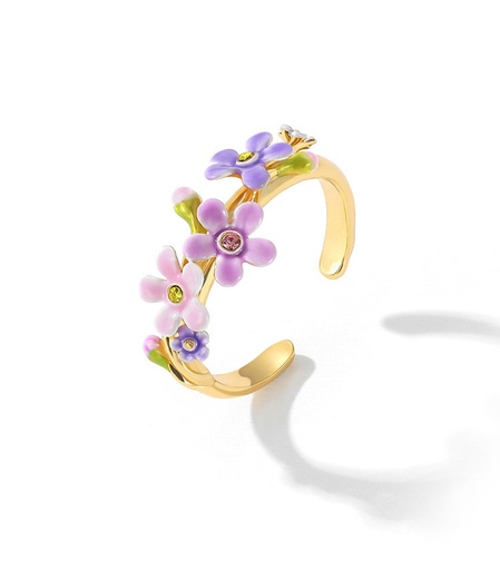 Pansy Red Blue Pink Purple Flower And Crystal Golden Leaf Enamel Necklace