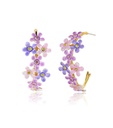 Purple Pink Flower And Crystal C Shape Enamel Stud Earrings Jewelry Gift