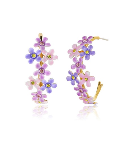 Purple Pink Flower And Crystal C Shape Enamel Stud Earrings Jewelry Gift