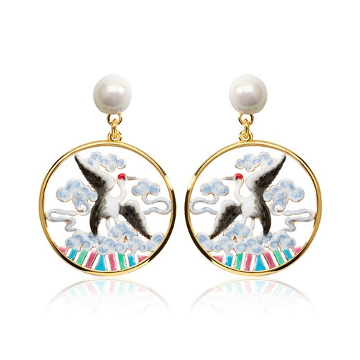 Crane Bird Cloud And Pearl Enamel Dangle Earrings Jewelry Gift
