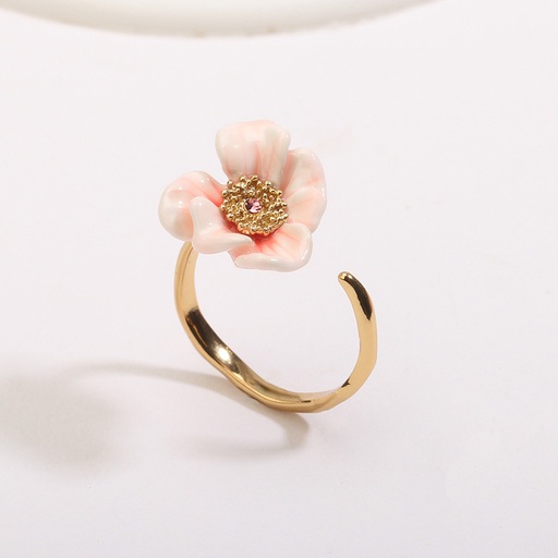 Pink Flower Camellia And Crystal Enamel Adjustable Ring Jewelry Gift