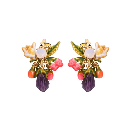 Blue White Flower And Pink Crystal Enamel Stud Earrings