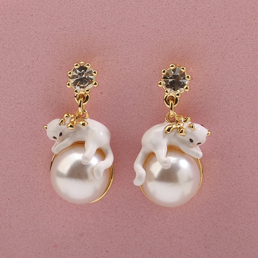 White Cat Kitty Kitten On Pearl Enamel Dangle Earrings Jewelry Gift
