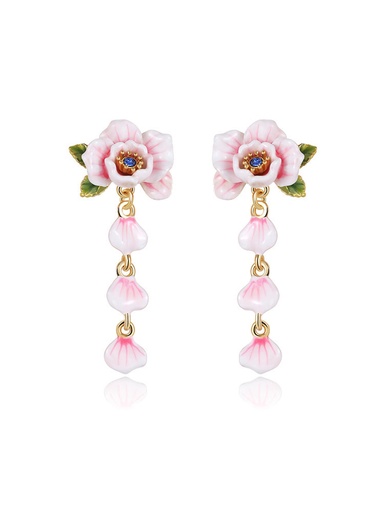 Pink White Cherry Blossom Flower And Crystal Enamel Dangle Earrings Jewelry Gift