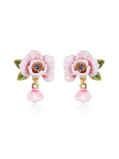 Pink White Cherry Blossom Flower Petal And Crystal Enamel Dangle Earrings Jewelry Gift