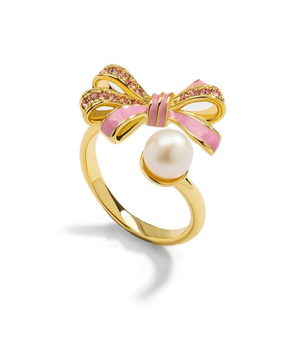 Pink White Black Bow And Pearl Enamel Adjustable Ring Jewelry Gift
