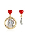 Cat Kitten Kitty Tail Red Heart Asymmetrical Enamel Dangle Earrings