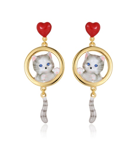 Cat Kitty Kitten Red Heart Enamel Dangle Earrings Jewelry Gift
