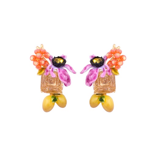 Earrings With Purple Flower On Carved Crystal And Lemons