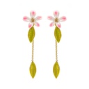 Pink White Cherry Blossom Flower Leaf Enamel Dangle Earrings
