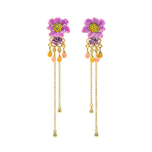 Purple Flower Orange Pink Bead Enamel Tassel Dangle Earrings