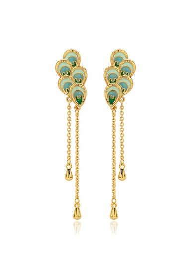 Peacock Feather Shape Green Blue Color Enamel Tassel Earrings