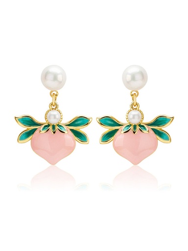 Pink Peach Fruit Freshwater Pearl Enamel Dangle Earrings