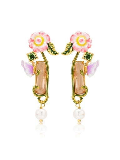 Bird On A C Shape Branch With Crystal Berry Enamel Earrings