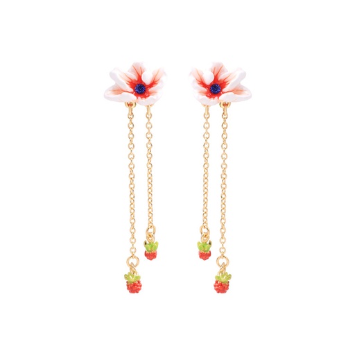 Red Flower Green Leaf And Stone Enamel Earrings