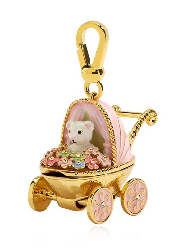 Bear In Stroller With Flowers Enamel Necklace Key Pendant With Chains Jewelry Gift