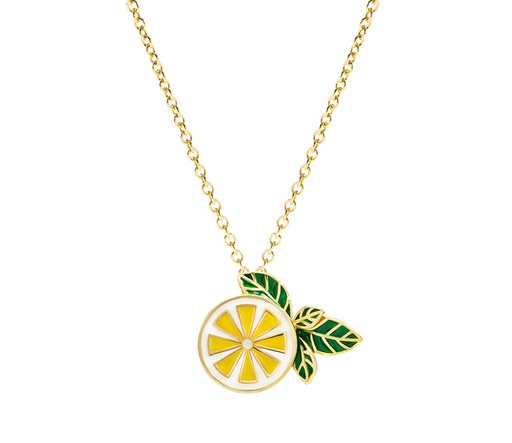 Lemon Fruit And Green Leaf Enamel Pendant Necklace Jewelry Gift