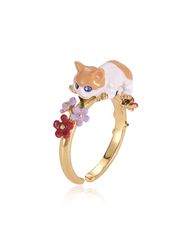 Red Purple Flower Cat Kitty Kitten Enamel Adjustable Ring