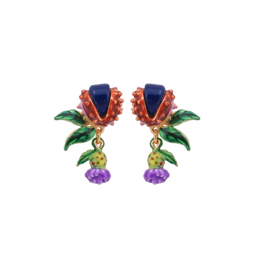 Purple Flower Green Leaf And Stone Enamel Earrings