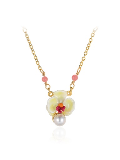 Butterfly Orchid Blossom Flower Pearl Enamel Pendant Necklace