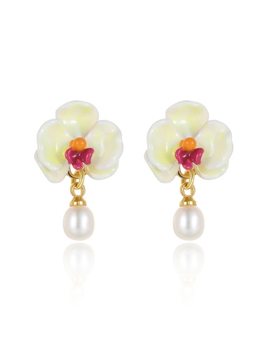 Yellow Orange Red Butterfly Orchid Flower Pearl Enamel Stud Earrings