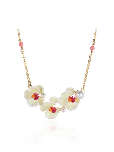 Butterfly Orchid Blossom Flower Pearl Enamel Necklace