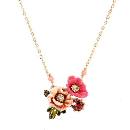 Apricot Red Peony Flower and Crystal Enamel Pedant Necklace